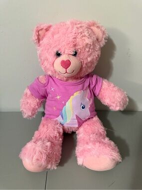 Build-A-Bear Pink Cuddles Teddy Bear with Purple Sparkly Unicorn Shirt 16" 2018